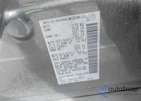 2017 Nissan Rogue S z USA, uszkodzony, nr VIN 5N1AT2MNXHC788109